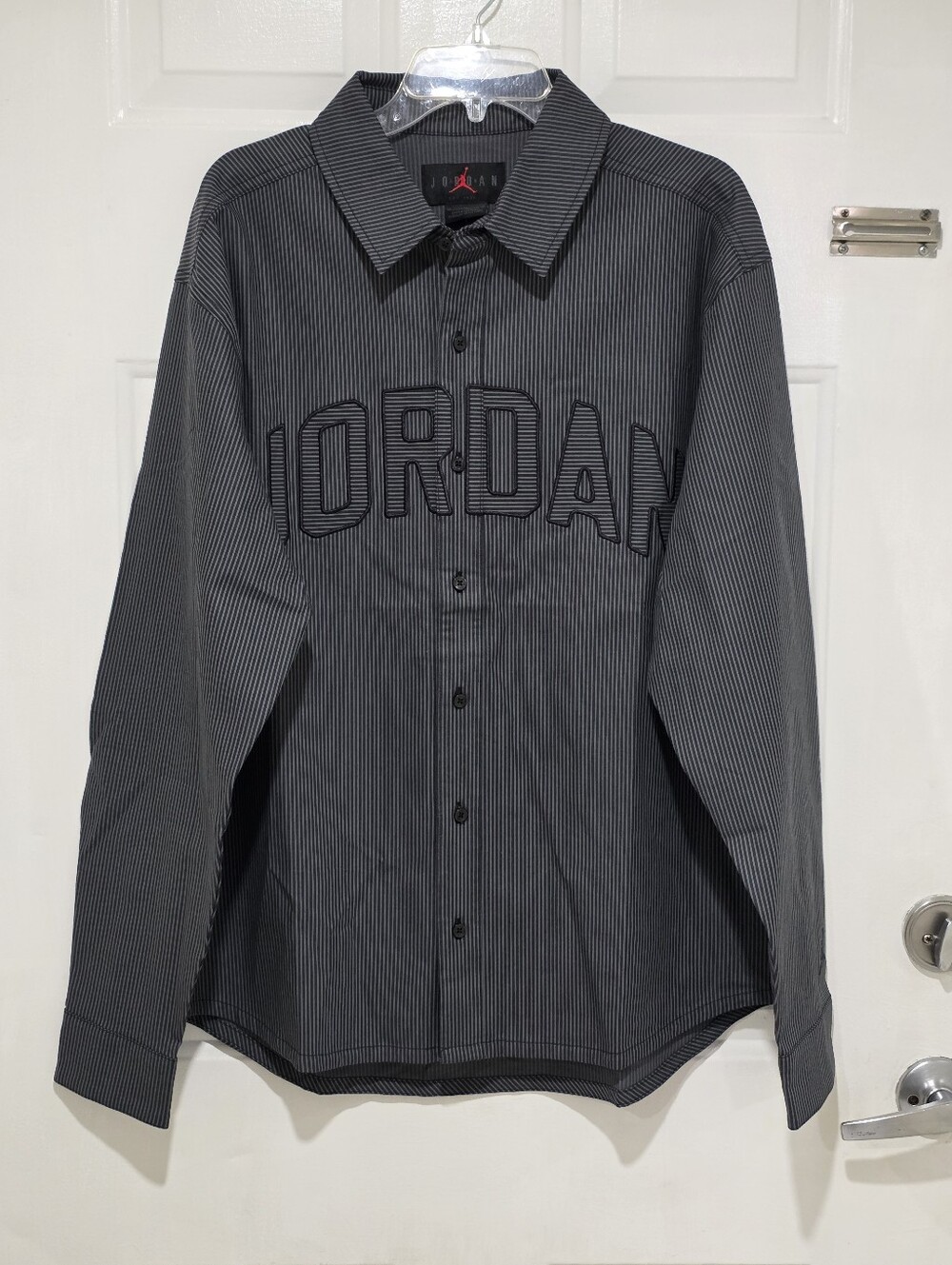 Jordan Men’s Black and Gray Pinstripe Button-Down Shirt with Embroidered Logo